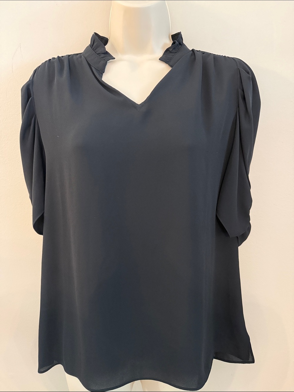 Lark & Ro Black V-Neck Ruffle Collar Blouse
